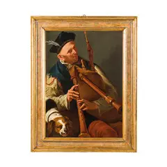 Simone del Tintore, Suonatore di zampogna con cane che ringhia, oil on canvas