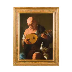 Simone del Tintore, Suonatore di liuto con cane, oil on canvas