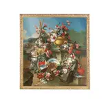Francesco Lavagna, Natura morta in un paesaggio con rose, narcisi, tulipani e altri fiori, maioliche e vaso, oil on canvas