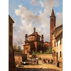 Luigi Premazzi, Milano, 1814 - Costantinopoli, 1891 / Veduta di Sant'Eustorgio a Milano / Firmato L Premazzi e datato 1844 in basso a sinistra, oil on canvas