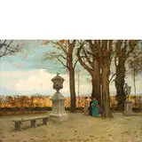 Marco Calderini, Torino, 1850 - 1941 / Passeggiata nei giardini di Palazzo Reale a Torino / Firmato M Calderini e datato 1899 in basso a sinistra, oil on canvas