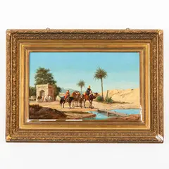 Edwin Long, Bath, 1829 ; Hampsthead, 1891 / Paesaggio orientale con arabi a cavallo / Firmato E Long e datato 1887 in basso a destra, oil on canvas