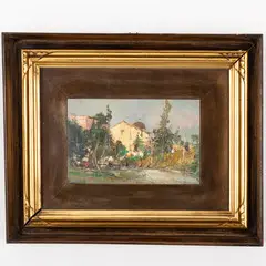 Romolo Leone, Attivo a Napoli nel XX secolo / Paesaggio con figure / Firmato Romolo Leone in basso a sinistra, oil on panel