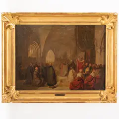 Giuseppe Frascheri, Savona, 1809 ; Genova, 1886 / Amedeo XVIII rinuncia al trono in favore del figlio / Firmato G Frascheri in basso a sinistra, oil on canvas applicato on panel