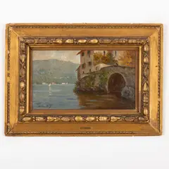 Guido Bertarelli, attivo in Lombardia 1894/1913 / Veduta del lago di Como / Firmato Bertarelli G in basso a sinistra, oil on compensato