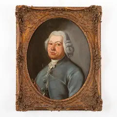 Ritratto di gentiluomo con giacca azzurra by Louis-François Dorly, oil on canvas ovale, offered Feb 2023