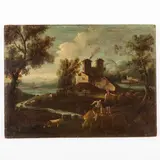 Gaetano Zais, Paesaggio fluviale con figure, oil on canvas