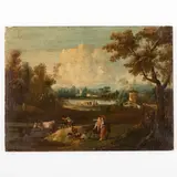 Gaetano Zais, Paesaggio lacustre con figure, oil on canvas