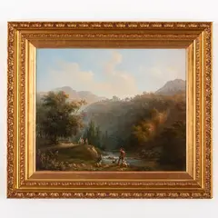 Massimo d'Azeglio, Torino, 1790 - 1862 / Paesaggio fluviale con cacciatori / Firmato Azeglio in basso a destra, oil on canvas