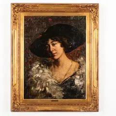 Ernesto Levorati, Ritratto di signora con cappello / Firmato Levorati in basso a sinistra, oil on canvas