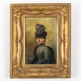 Edoardo Gelli, Savona, 1852 - Firenze, 1933 / Ritratto di signora con cappello / Firmato E Gelli e datato 1887 in basso a sinistra, oil on cardboard