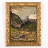 Torino, 1853 - 1922 / Paesaggio montano con contadina e gregge / Firmato V Bussolino in basso a destra by Vittorio Bussolino, oil on panel, offered Feb 2023