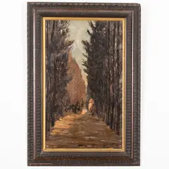 Cesare Riesch, Firenze, 1906 - 1981 / Viale alberato con figura / Firmato C Riesch e datato 1931 in basso a destra, oil on cardboard
