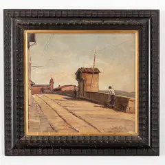 Cesare Riesch, Firenze, 1906 - 1981 / Strada a Firenze / Campagna fiorentina con figure / Firmati Cesare Riesch e datati 1931 in basso a sinistra e a destra, oil on tavoletta