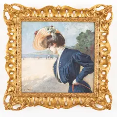 Giuseppe De Sanctis, Napoli, 1858 - 1924 / Signora sulla spiaggia / Firmato G De Sanctis in basso a sinistra, tempera on cartoncino
