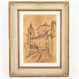 Eso Peluzzi, Cairo Montenotte, 1894 - Monchiero, 1985 / Castello di Dogliani / Firma E Peluzzi data 968 e titolo in basso al centro, charcoal on paper bruna