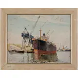 Oleksandr Mykhailovich Lopukhov, Gorodnya 1925 - Kiev, 2009 / Nave nel porto, 1950 / Firmato A Lopukhov e datato 50 in basso a destra