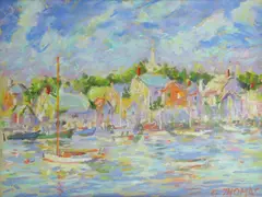 Summer Day Easy Street Boat Basin Nantucket by George Thomas, Pastel on Paper, offered Aug 2022