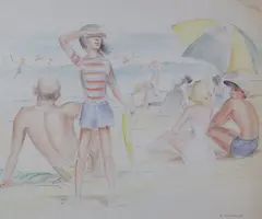 Edna Lawrence, Beach Day,, circa 1940, Crayon and Graphite