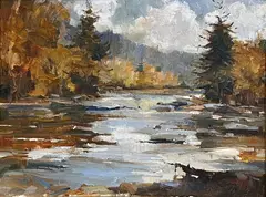 New England Fall Riverscape, by David Lazarus, Oil on Canvas, offered Aug 2022