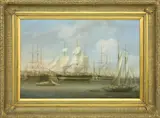 Whaleship Drying Her Sails in Nantucket Harbor by Louis Dodd, Oil on Panel, offered Aug 2022