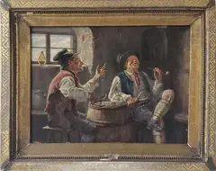 Hugo Kaufmann, Two Men Conversing Over Drink and Smoke, circa 1898, Oil on Board