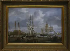 American Active Commercial Dock Scene by Louis Dodd, Oil on Panel, offered Jul 2021