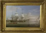 Louis Dodd, American Warship on the Thames Passing Greenwich, Oil on Panel