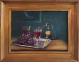 Tabletop Fruit and Wine by Jan Brough, Oil on Board, offered Jul 2021