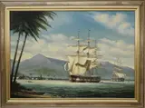 First Whale Ship in Hawaii, 1819 by Salvatore Colacicco, 1819, Oil on Wood Panel, offered Dec 2021