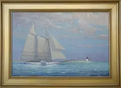 Brant Point Lighthouse Schooner by William Lowe, Oil on Canvas, offered Apr 2021
