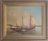 European Harbor Scene by A. Bodson, Oil on Board Painting, offered Apr 2021