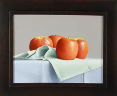 Janet Rickus, Apples on Clothed Table Top, Oil on Board