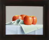Janet Rickus, Apples on Clothed Table Top, Oil on Board