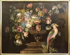 Arthur Lasslow, Floral Still Life in a Tabletop Vase with Parrot, Oil on Masonite