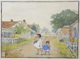 Sisters Strolling in ‘Sconset by Mary Cowles Clark, Mixed Media Watercolor and Charcoal Pencil on Paper, offered Aug 2021