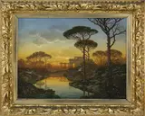 Ferdinand Knab, Tranquil Evening Riverside Landscape, Oil on Canvas