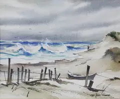 John Hare, Lone Surfcaster, Watercolor on Paper
