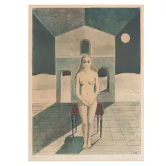 The Clairvoyant (Jacob 70) by Paul Delvaux, 1974, Lithograph in colors on Arches paper with publisher's watermark, sold Jan 2025