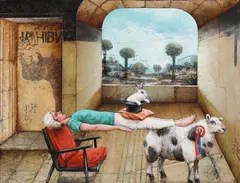 Tyson Grumm, Award-Winning-Tom-Foolery and Karus and Mrs. Up the Grove (a group of two), Award acrylic on panel; Karus acrylic on Masonite