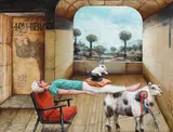 Tyson Grumm, Award-Winning-Tom-Foolery and Karus and Mrs. Up the Grove (a group of two), Award acrylic on panel; Karus acrylic on Masonite