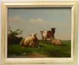 Pierre Emmanuel Dielman sr., - ''Sheep and Goat at Pasture-, oil on panel