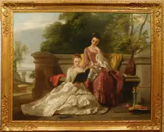 Thomas Crane, - Two Young Ladies at Leisure Sitting on a Terrace-, oil on canvas, 1843, monogrammed 'TC' and