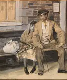 René Reinicke, - Well To Do Gentleman with a Waif- grisaille, watercolor on paper