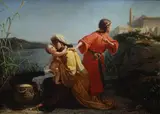 Giuseppe Mancinelli, Ritrovamento di Mosè, Sul verso: etichetta R. Soprintendenza alle Gallerie - Napoli