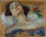 Giulio Ettore Erler, Volto di donna, 1926, Iscrizione al centro con firma e data: "... O desio di canzoni/ o sonnolenta smania di sogni/ nell'immensità/