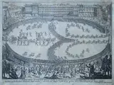 Jaques Callot, Teatro fatto in Firenze nella festa a cavallo per la venuta del ser.mo principe d'urbino, incisione tratta dalla serie di sei stampe 'Guerra di Bellezza; in basso a destra "iulius parigi inv d. allot
