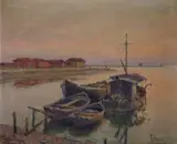 Oreste Paltrinieri, Tramonto nel porto di Viareggio, Frmato in basso a sinistra. Sul verso: Tramonto nel porto di Viareggio / Oreste Paltrinieri/ Via XX Settembre