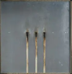 Dessin de Feu by Bernard Aubertin, 2009, Angebrannte Streichholzheftchen auf rot gefasstem Holz, offered Oct 2017