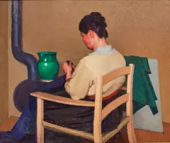 Il Rammendo by Oscar Ghiglia, o ISA ALLA STUFA oil on canvas, offered Nov 2019